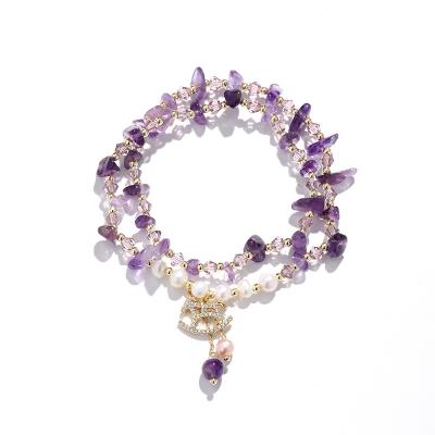 China Wholesale Natural Irregular Crystal Chakras Stone Fashion Accessory Bracelet Beads Pink Quartz Amethyst Bracelet for sale