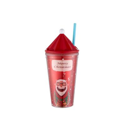 China Sustainable Reusable Classic Hot Selling Food Grade And Eco-friendly Double Wall Christmas Hat Shape Plastic Traveling Cup With Straw 500ml for sale