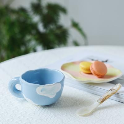 China Sustainable Drinkware Coffee Mug Dish Set Blue Simple Design 170ml Small Capacity Cute Mugs With Dishes for sale