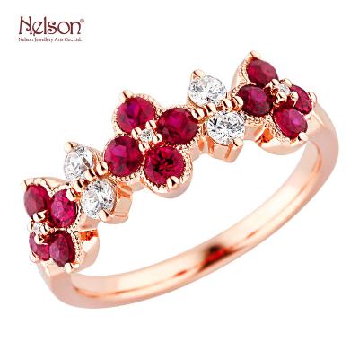 China Red Pattern Daily Wear Zero Risk Wholesale Price Jewelry No ODM 18K 750 Rose Gold Ruby Gemstone Diamond Ring For Women Floral MOQ OEM for sale