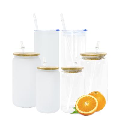 China Transparent Fruit Juice Beer Glasses Cups DIY 12oz 16oz Viable Blank Sublimation With Bamboo Lid And Straw Mason Jar For Heat Printing for sale