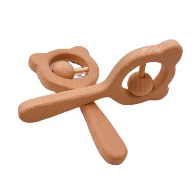 China Beech Styles Baby Organic Wooden Safe Multiple Natural Wooden Teether Wooden Rattle With Bear Shape for sale