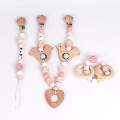 China 3 Piece Beech Animals Soft Baby Toy Beads Wooden Chewable Holder Car Chain Pacifier Chain Bracelet Set for sale