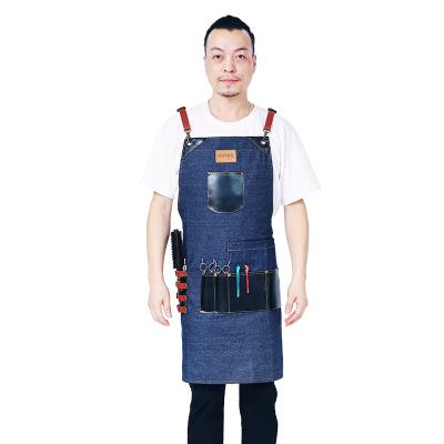 China Hair Stylist Salon Apron For Kitchen Wholesale Apron Denim Cotton Uniform Apron With Tool Bag for sale