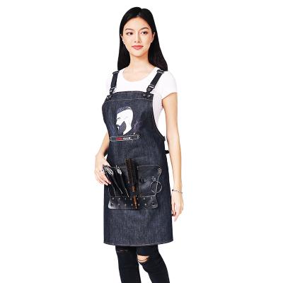 China Custom Logo Vintage Fashion Logo Black Denim Leather Aprons Hairdresser Tool Bag Aprons Hairstyling for sale