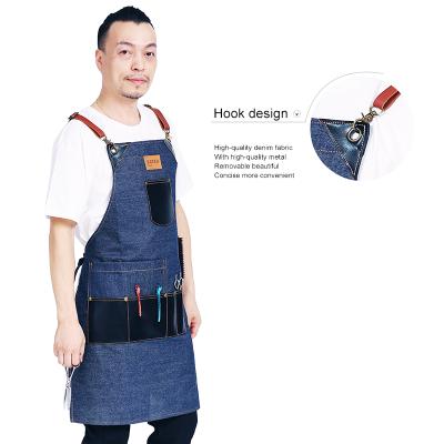 China Hair Stylist Apron For Hairdresser Denim Kitchen Apron Uniform Apron With Tool Bag for sale