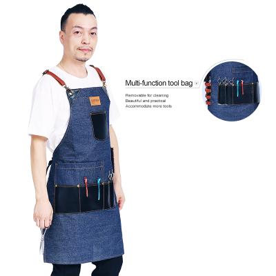 China Hair Stylist Apron With Pockets Denim Kitchen Apron Uniform Apron With Tool Bag for sale