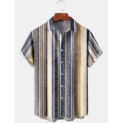 China Sale High Quality Graphic Office Anti-pilling Style Stripe Pattern Mens Hawaiian Shirts for sale