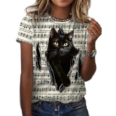 China New Cat Print Ladies Anti-Wrinkle T-shirt Fashion Round Neck Trend Oversize T-shirt Women All-match Superior Casual Outdoor Apparel for sale