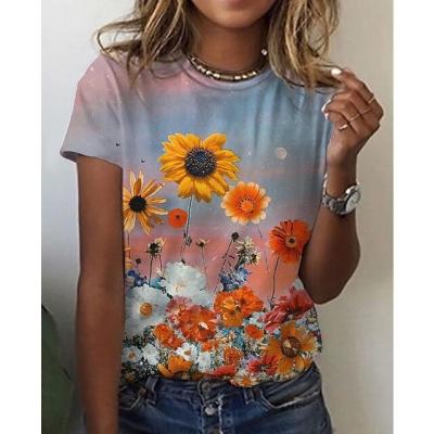 China Anti-wrinkle fashion T-shirt women ladies summer oversized round neck T-shirt casual loose floral print top short sleeve tie dye for sale