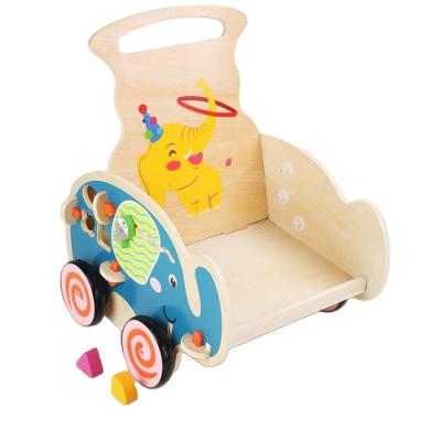 China Baby Soft Walker with Wooden Four Wheel Trolley Push Walk for Baby Learning Cartoon Multifunctional Block Preschool Walker for Baby for sale