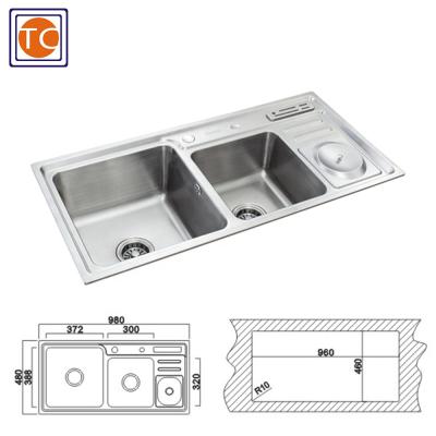 China Without Tap 980x480mm Triple Bowl Kitchen Sink With Waste Bin for sale