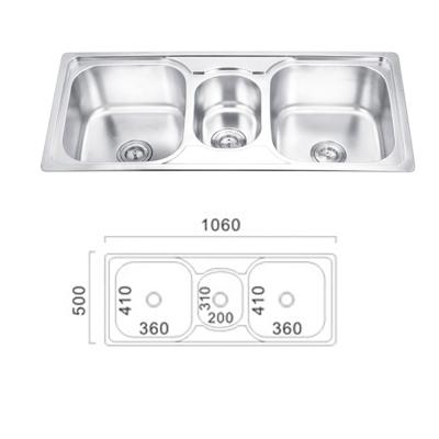 China Without Faucet 1060x500x210mm Stainless Steel Triple Bowl Kitchen Sink for sale