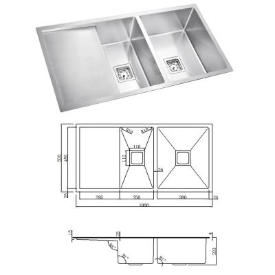 China Without Faucet 1000x500mm Handmade Stainless Steel Undermount / Topmount Kitchen Sink for sale