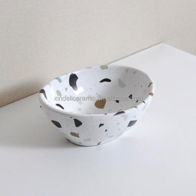 China Modern New Design Nordic Style Terrazzo Art Basin Ceramic Marble Bathroom Step Down Small Oval Above Counter Basin for sale