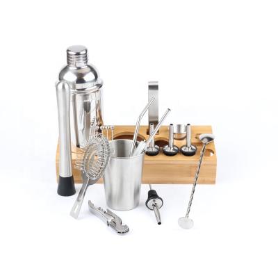 China FULL SET viable stainless steel cocktail shaker set with wooden stand bartender set cocktail shaker for sale