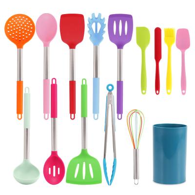 China Sustainable 15 Piece Silicone Kitchen Cookware Set With Stainless Steel Handle &Dishwasher Heat Resistant Safe Cooking Utensil Set for sale