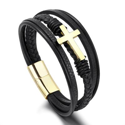 China New arrivals fashion men's jewelry steel magnetic cross leather woven bracelet handmade titanium fashion for sale