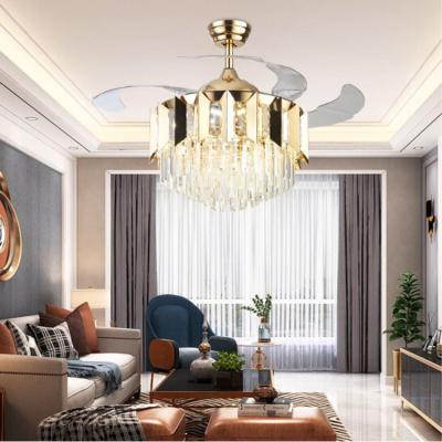 China Modern Modern 42inch Ceiling Fans With Remote Control Chandelier Pendant Light Fixture Led Crystal Retractable Blades for sale