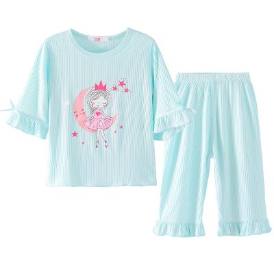 China LZH 2PCS Breathable Girls Sleepwear Set 3/4 Sleeve Princess Cotton Cute Nightwear Mermaid Kids Clothes Set for sale