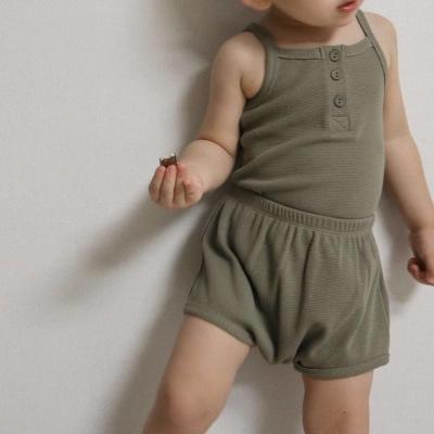 China LZH Breathable Baby Pajamas Suit Solid Sleeveless Spaghetti Straps Knit Infant Summer Home Wear Set for sale