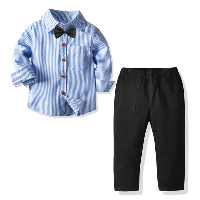 China LZH Casual Infant Baby Fashion Tie Blue+White Striped Long Shirt Pants Suit Boys Gentleman Banquet Wear for sale