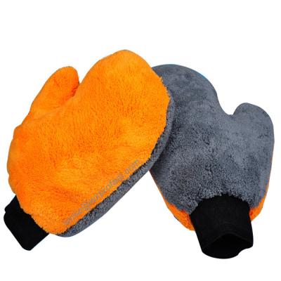 China Retail Products Retailers Gray Color Hand Shape Microfiber orange Coral Fleece Car Wash Mitt for sale