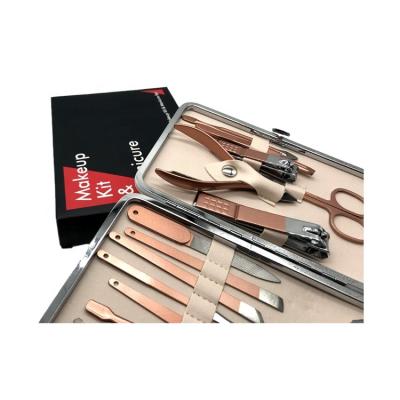 China Long Lasting Nail Folder V Shape Cuticle Pusher Makeup Tools Manicure Sets Kits Rose Gold PU Bag Include Eyebrow Scissors and Eyebrow Tweezers for sale