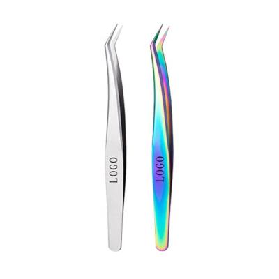 China Durable 2# Finch Mouth Clip Stainless Steel Eyelash Tweezers Color Gradient Mirror Silver Rainbow Eyelash Extension Tweezers for sale