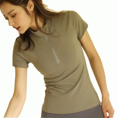 China Breathable Loungewear With Delicate Performance Women's Merino Half Sleeve T-Shirt For Fitness With Zipper for sale