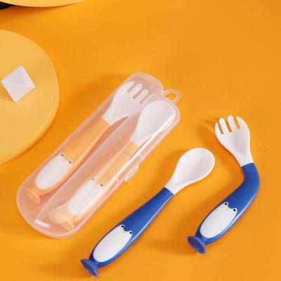 China BPA Free Kids Learn Eating Bendable Silicone Baby Spoon Training Tableware Practice Twist Fork Spoon Set Soft Suction for sale