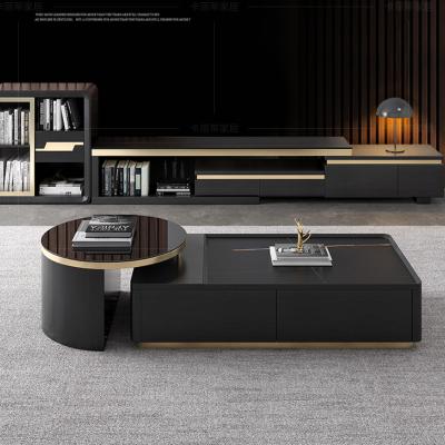 China Modern Black Light Stainless Steel Rock Panel Multifunctional Retractable Luxury Storage TV Stands for sale