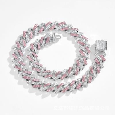 China Winter New Hip Hop Color Chain Necklace Hiphop Heavy Link Chain Full Pink CLASSIC Diamond White Cuban Chain for sale