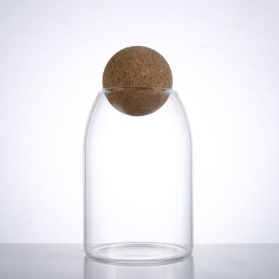 China 500ml Borosilicate Storage Food Container Jar Viable Glass Bottle With Round Cork Ball Stopper Lid for sale