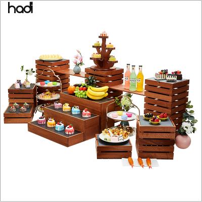 China Modern HD Table Top Buffet Altitude Snack Cake Display Stand Wooden Black Square Sapele Risers Combined Floor Dessert Display Set for sale