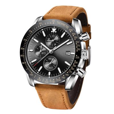 China Auto Date 3 Sub Dial Multi-functional Tachymetre Calendar High Quality Leather Strap Luxury Sport Men Wrist Quartz Watch for sale