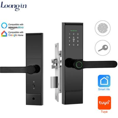 China Aluminum Alloy Latch Double Fingerprint Security Electronics Home Tuya/Ttlock Wooden Handle Smart Key Door Lock for sale