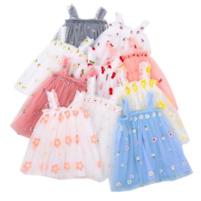 China New Style Anti-wrinkle 2022 Summer Cotton Mesh Cute Embroidery Slip Sleeveless Tulle Dress Kids Girl Princess Floral Dress for sale