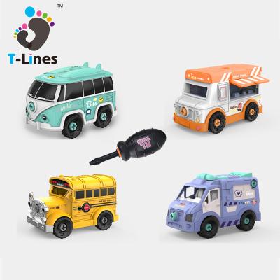 China DIY Assemble Toy 4 In 1 Plastic DIY Assemble Cheap DIY Toy Car Educational Friction Power Small School Bus For Kids for sale