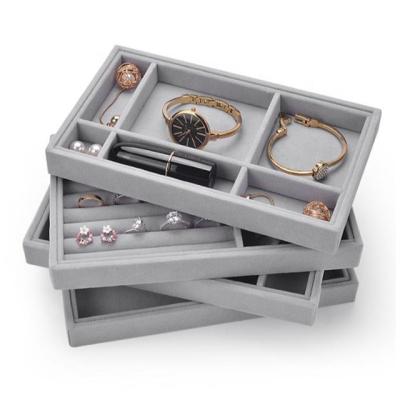 China Stackable Eco-friendly+OEM+ODM+Wholesale Velvet PU Organizer Ring Display Rack Leather MDF Jewelry Tray Display for sale