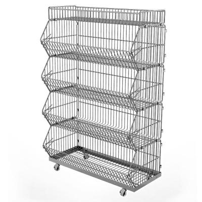 China New Simple Design Metal Stacking Wire Rack With Rolling Wheels Display Stand Rack Supermarket Retail Display Shelves On Wheels for sale