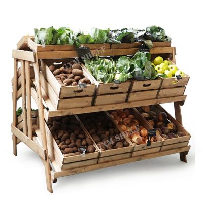 China Customized Double Sided Double Sided Wooden Fruit Vegetable Display Rack Wall Fresh Produce Farmhouse Store Shelf Combination For Shop for sale