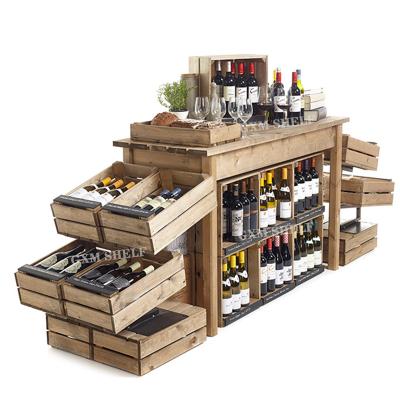 China GXM Eco-Friendly Customized Narrow Wine Shop Furniture Wine Table Display With Merry Singing Rack Shelves Wooden Wine Promotional Display Rack for sale