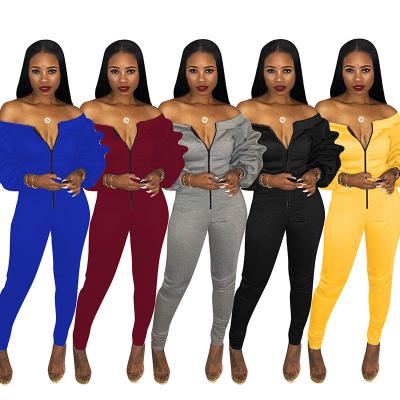 China Wholesale Autumn And Winter Bodycon Puff Solid Color Overalls QUICK DRY Long Sleeve And Zipper Pants For Women for sale