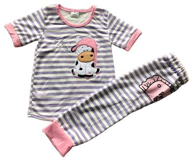 China Milk RTS silk boutique popular children's cow embroidery purple striped top striped pants sets children's clothing wholesale baby for sale