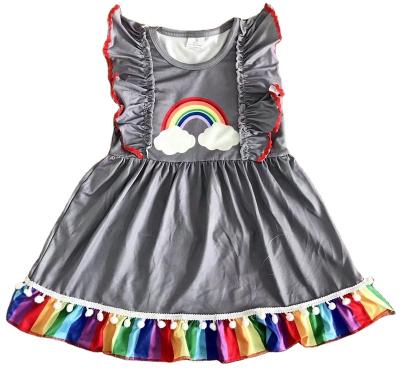 China Wholesale boutique baby's clothing women's clothing RTS best boutique rainbow milk print tendril print gray children's silk dress sale for sale