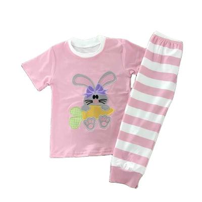 China Anti-wrinkle Easter sale summer children's hot rabbit embroidery girls short sleeve pink pajamas set wholesale boutique kids for sale