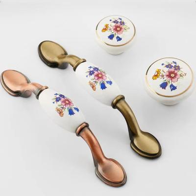 China European Rustic Blue Bronze Flower Handle Pull Handle Chinese Antique Ceramic Drawer Cabinet Door Handle for sale