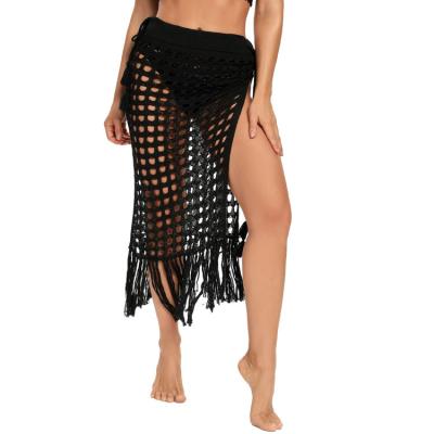 China Woying Summer Breathable New Women's Sheer Hollow Knit Skirt Split Fringed Beach Cover-Up Skirt for sale