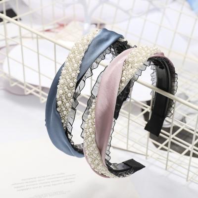 China WoYing new style fabric hair side band European and American lace rhinestone pearl headband for woman hair circle accessories for sale